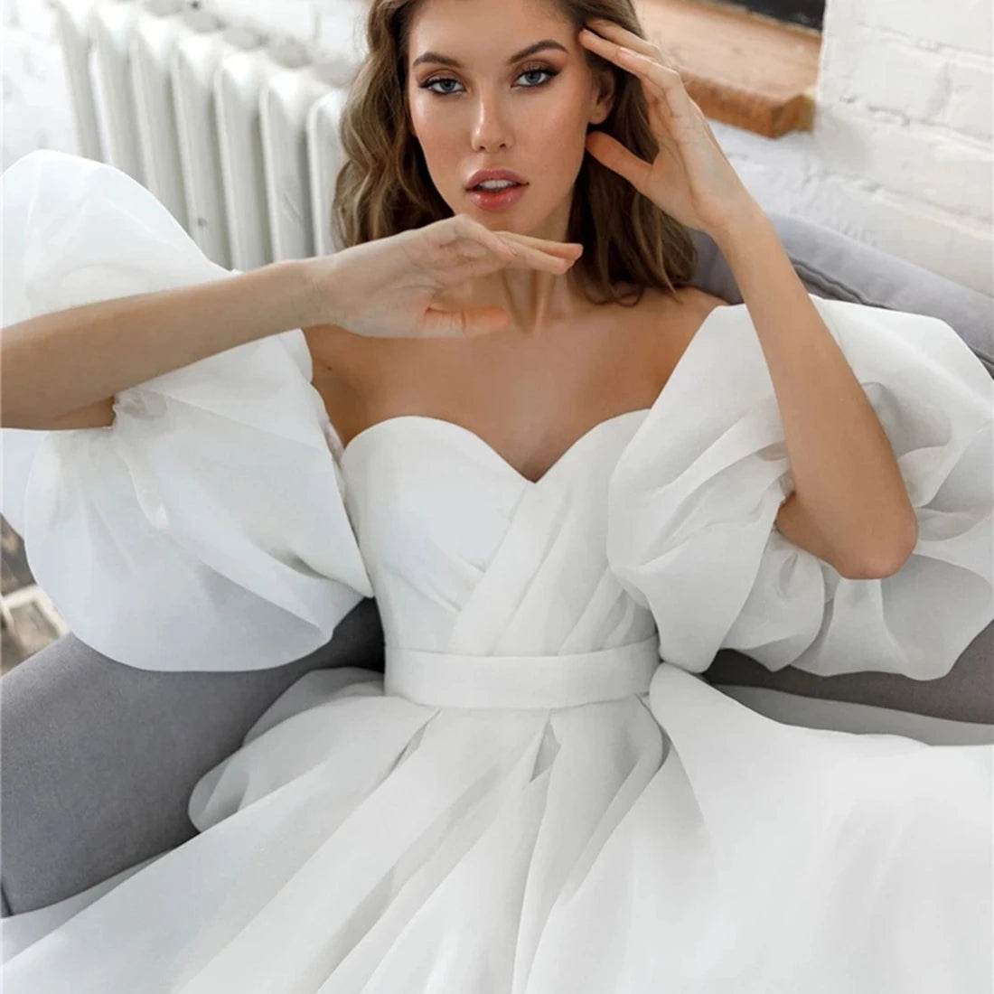 Buy Center Bubble Sleeves Wedding Dress - Sweetheart Neckline & Organza - Buy Center UK