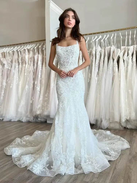 Customized Lace Mermaid Wedding Dress 2025 - Elegant Square Collar Gown - Buy Center UK