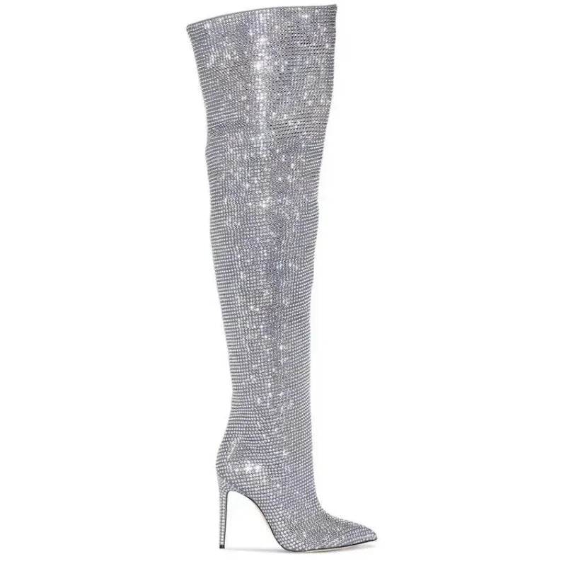 Buy Center Knee-Length Rhinestone Boots - Sexy Slim High Heels - Buy Center UK