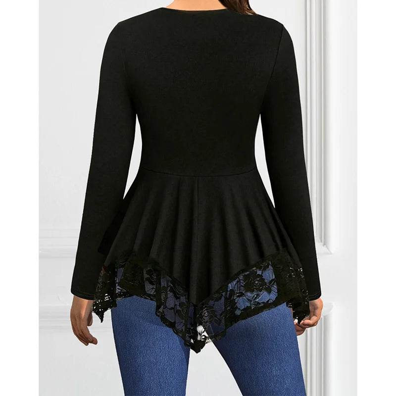 Buy Center Plus Size Long Sleeve Tee - Stylish Lace-Up Black Design - Buy Center UK