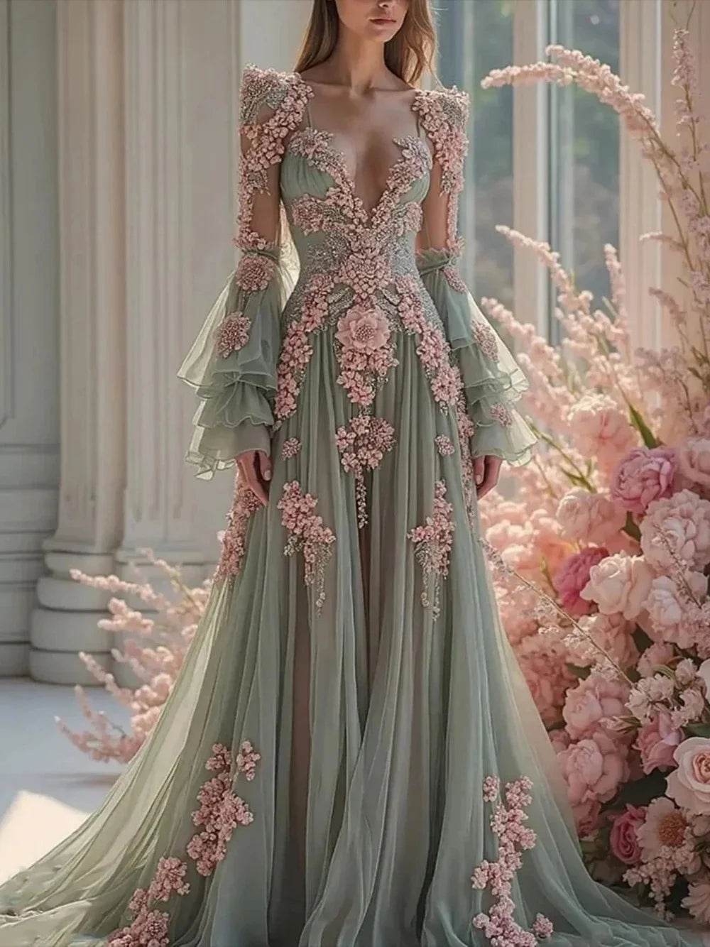 Buy Center Lace Floral Long Sleeve Gown - Customized for Any Occasion - Buy Center UK