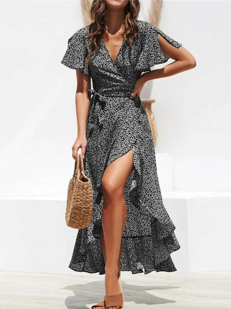 Buy Center Summer Beach Maxi Dress - Floral Print V-Neck Ruffles - Buy Center UK