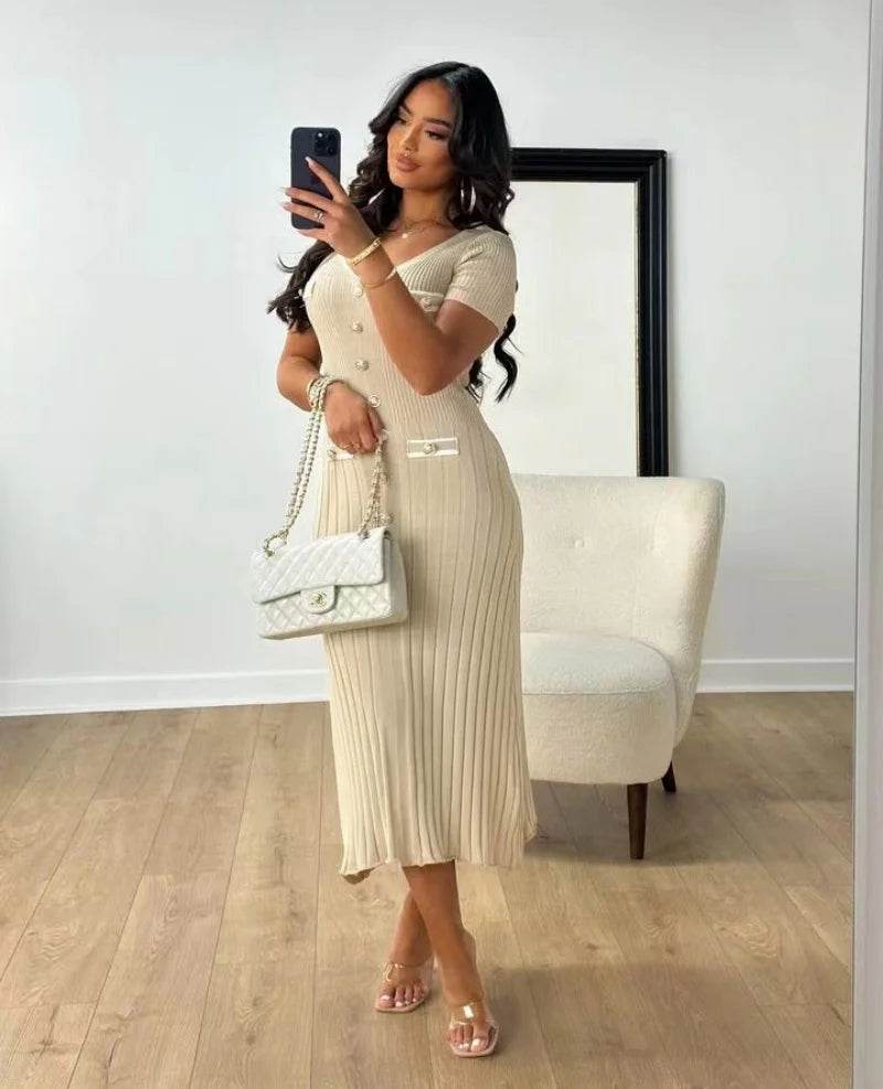 Elegant Knitted Maxi Dress - Bodycon Short Sleeve with Ruffles - Buy Center UK
