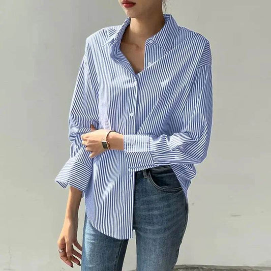 Buy Center Women’s Long Sleeve Blouse - Stylish Blue Stripes Top - Buy Center UK