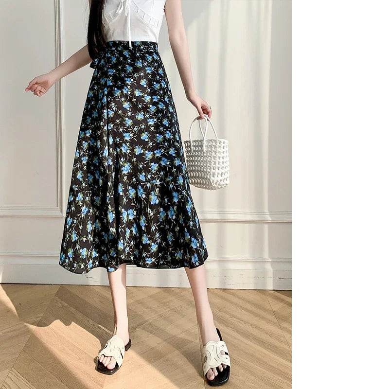REALEFT Vintage Floral A-line Skirt - High Waist Midi Length - Buy Center UK
