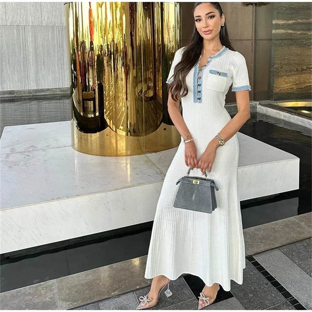 Buy Center Elegant Knit Maxi Dress - Chic O-neck with Metal Buttons - Buy Center UK