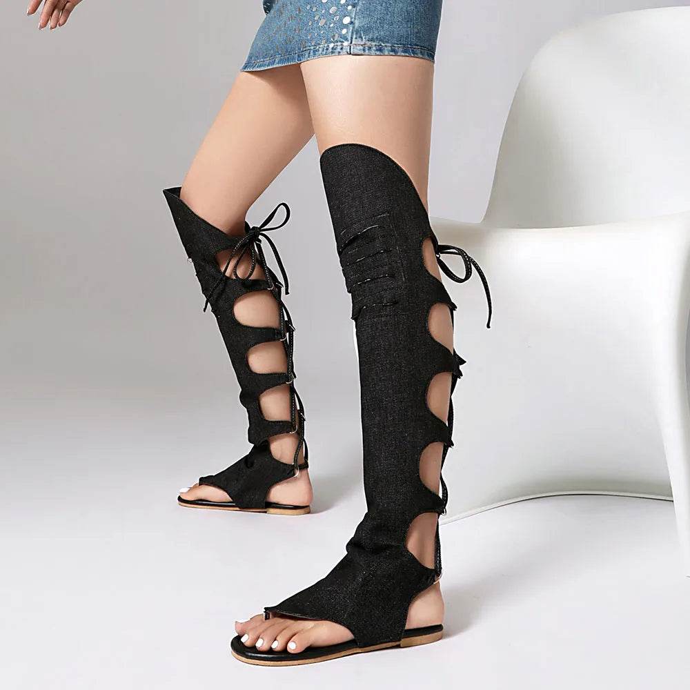 Women's Peep Toe Knee High Boots - Plus Size 45, Chunky Heels - Buy Center UK