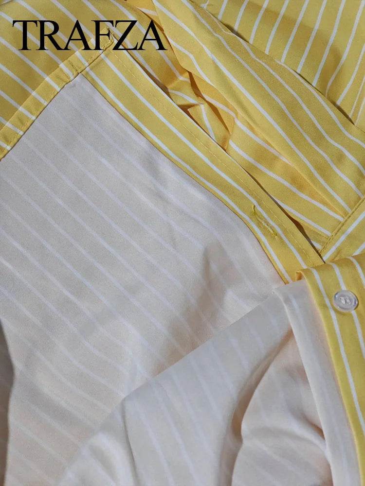 TRAFZA 2024 Women’s Yellow Striped Pants Set - High Waist Style - Buy Center UK