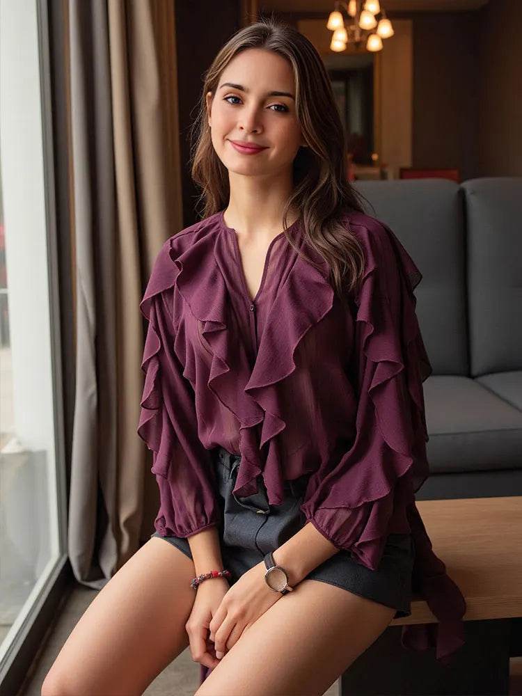 TRAFZA Women's Ruffles Blouses - Elegant V Neck Chic Tops - Buy Center UK