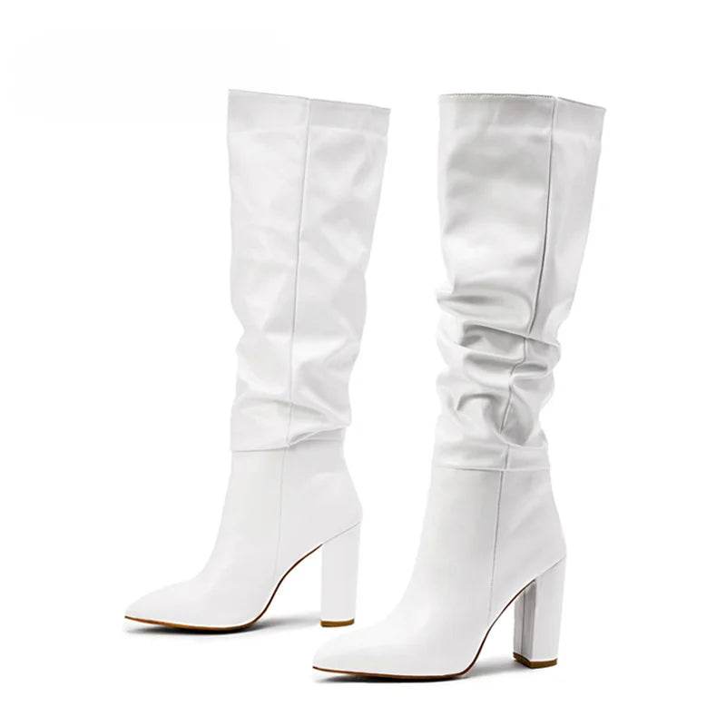 Buy Center Women's White Pleated Leather Knee High Boots - Chunky Heels - Buy Center UK