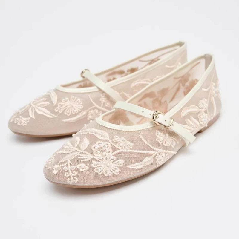 Stylish Mesh Embroidery Mary Jane Ballet Flats - Low Heel Comfort - Buy Center UK
