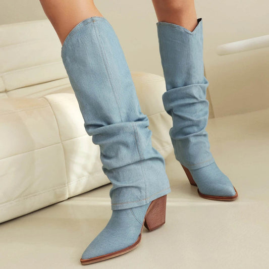 Buy Center Denim Knee High Boots - Super High Spike Heel Fashion - Buy Center UK