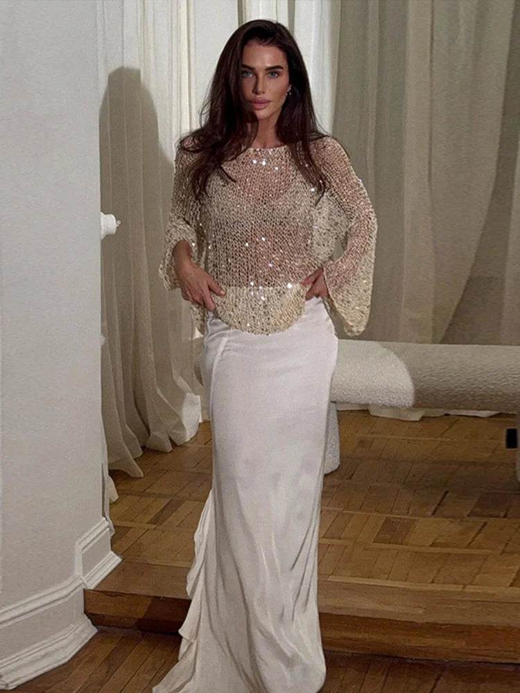 Buy Center See Through Sequined Sweater - Shiny O-neck Beach Top - Buy Center UK
