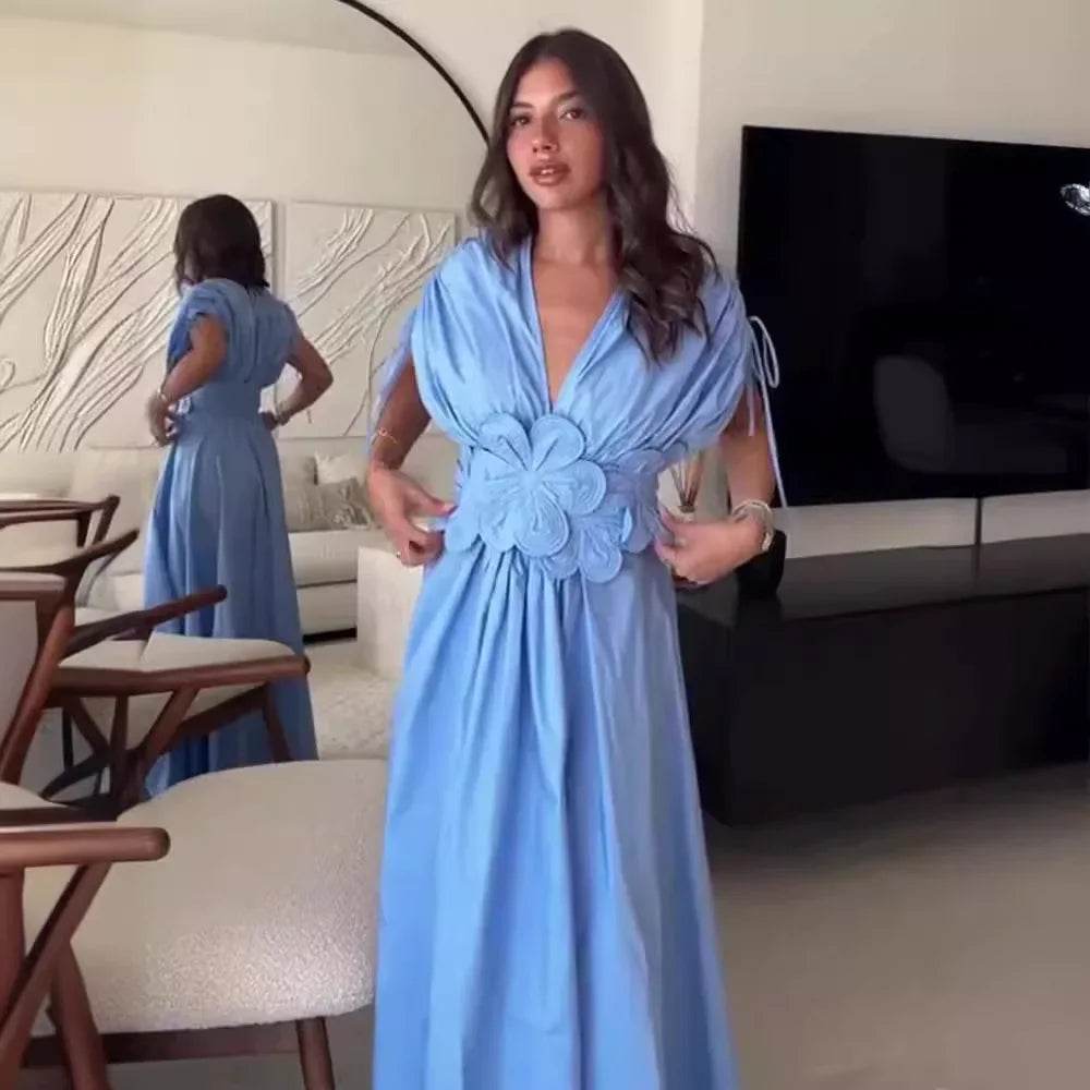 Buy Center Blue V-Neck Waist-Fitted Long Dress - Elegant & Stylish - Buy Center UK
