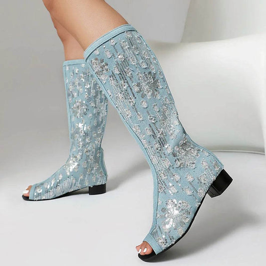 Women's Peep Toe Knee High Boots - Plus Size 45, Chunky Heels - Buy Center UK