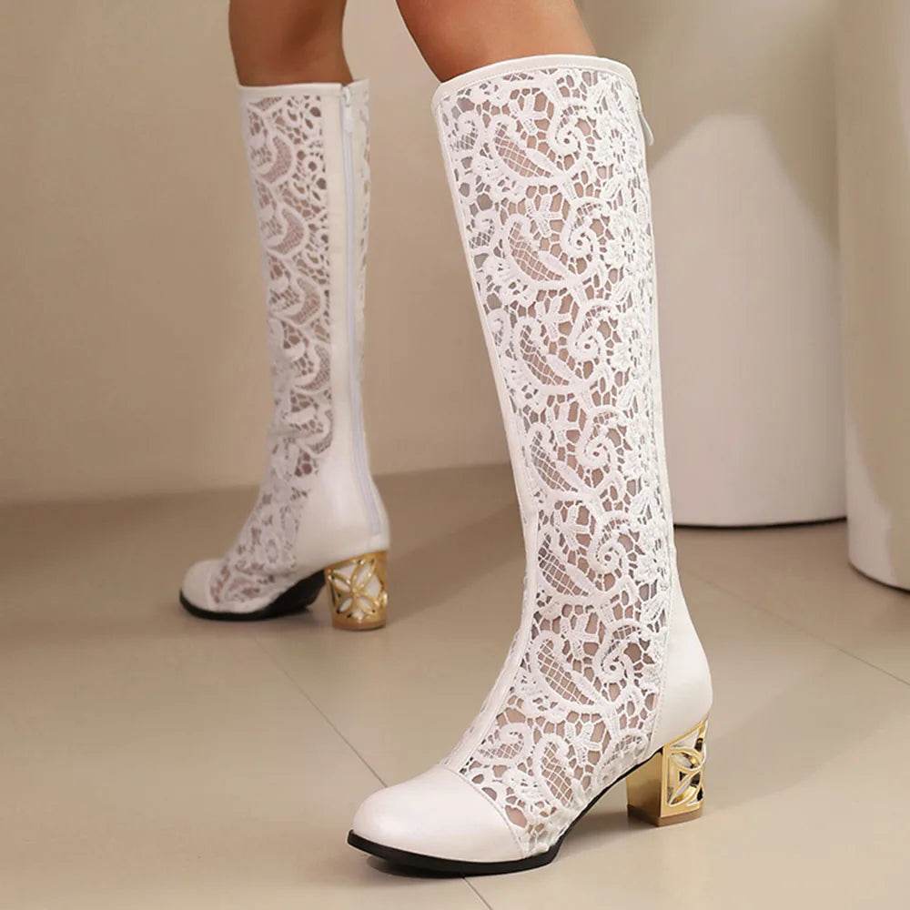 Women's Peep Toe Knee High Boots - Plus Size 45, Chunky Heels - Buy Center UK