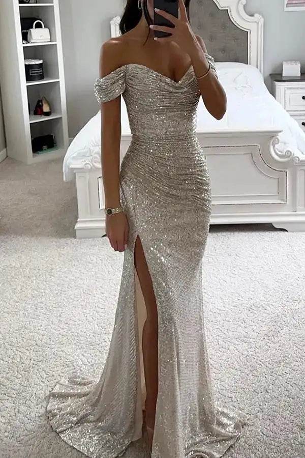 Chic Off-Shoulder Sequin Maxi Dress - Elegant Mermaid Gown 2025 - Buy Center UK