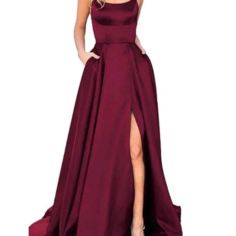 Buy Center Long Backless Satin Dress - Sexy Side Slit Evening Gown - Buy Center UK