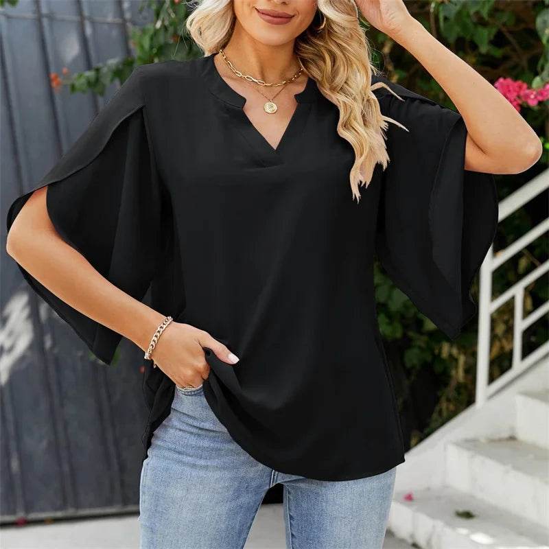 Buy Center Women Chiffon Blouse - V-Neck, Flare Sleeves for Summer - Buy Center UK