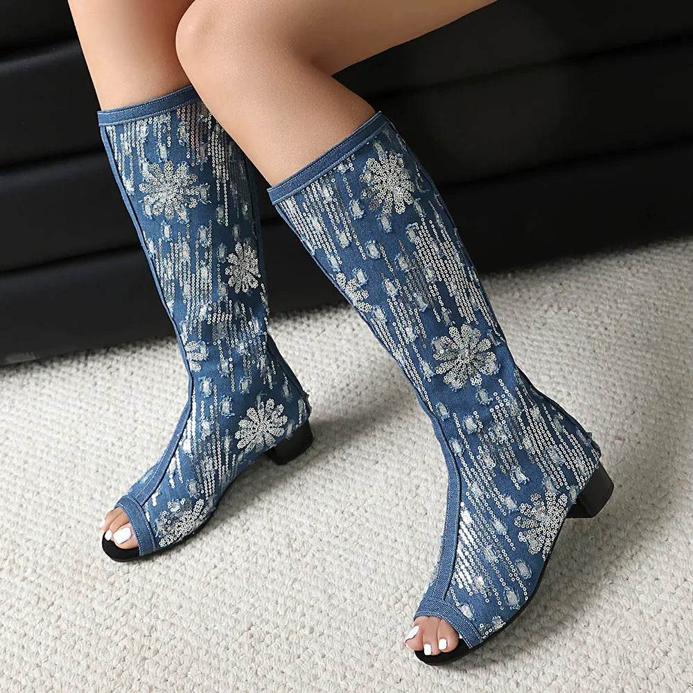 Women's Peep Toe Knee High Boots - Plus Size 45, Chunky Heels - Buy Center UK