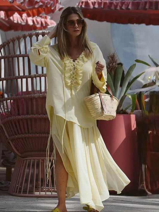 Buy Center Yellow Ruffled Lace-Up Shirt - Lightweight V Neck Blouse - Buy Center UK