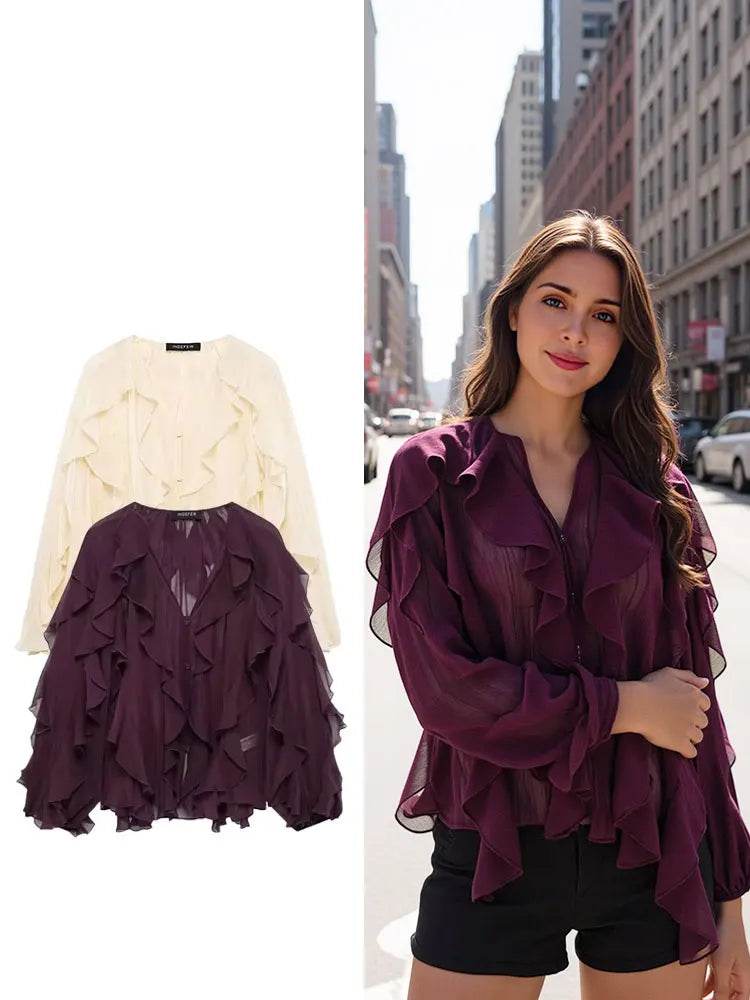 TRAFZA Women's Ruffles Blouses - Elegant V Neck Chic Tops - Buy Center UK