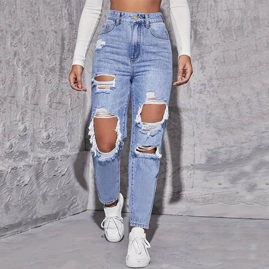 Buy Center High Waist Hole-Punched Jeans - Women’s Wide-Legged Style - Buy Center UK