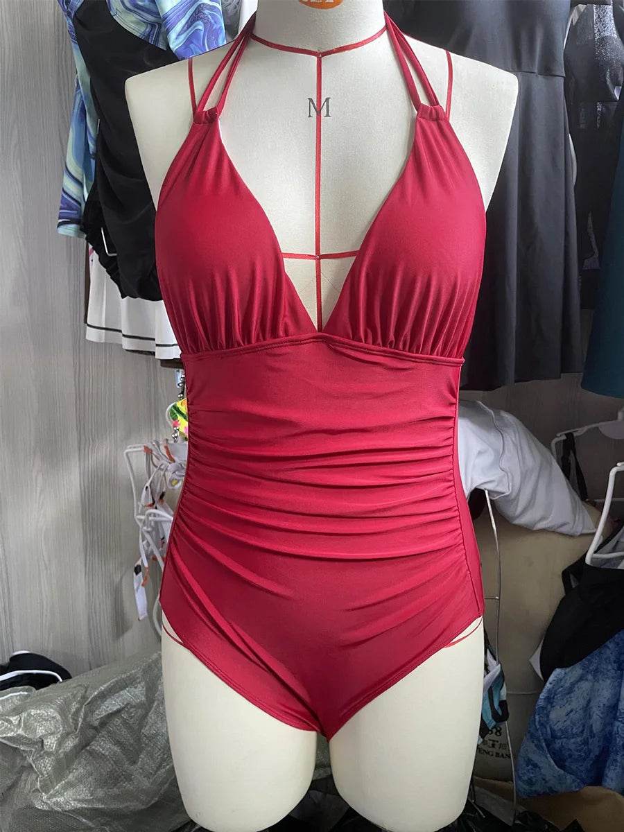 Ruched One Piece Swimsuit for Women - Elegant Backless Design - Buy Center UK