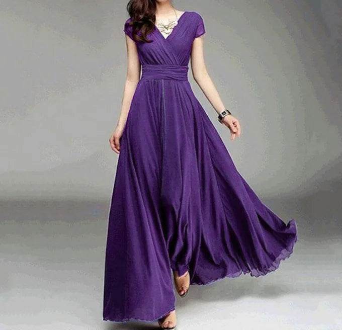Elegant Women's Short-Sleeved Chiffon Dress - Floor-Length Bohemian Style - Buy Center UK