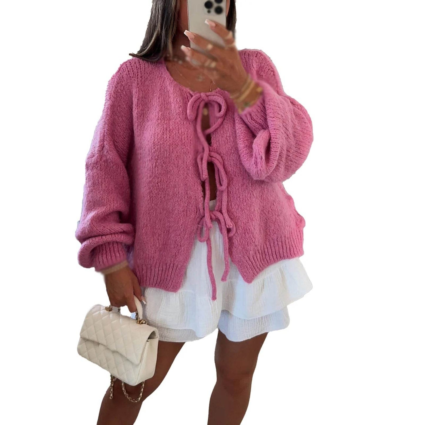 Buy Center Women's Lace-Up Cardigan - Stylish Hollow Out Knitwear - Buy Center UK