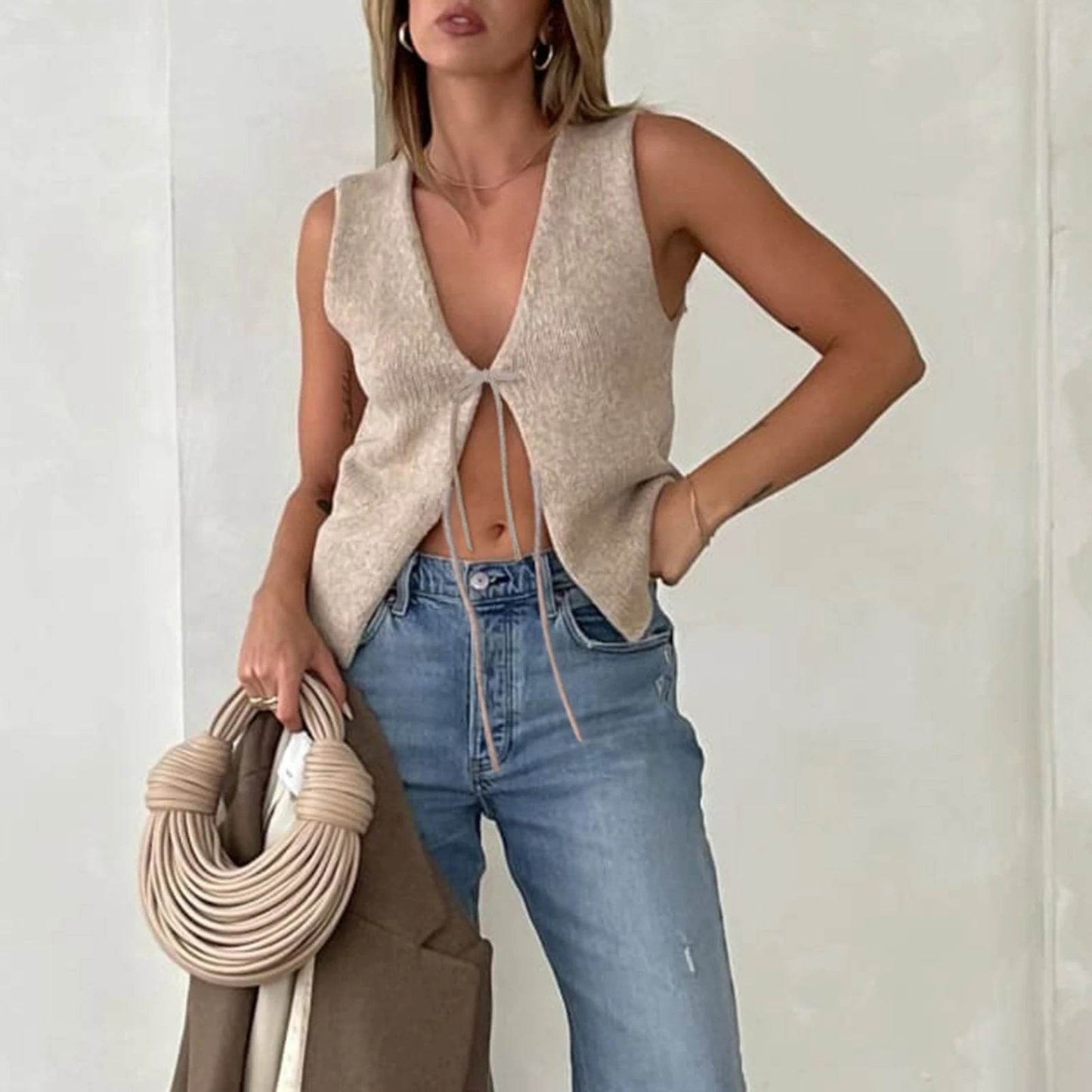 Women's Vintage Y2K Sweater Vest - Fitted Bow Knot Summer Top - Buy Center UK
