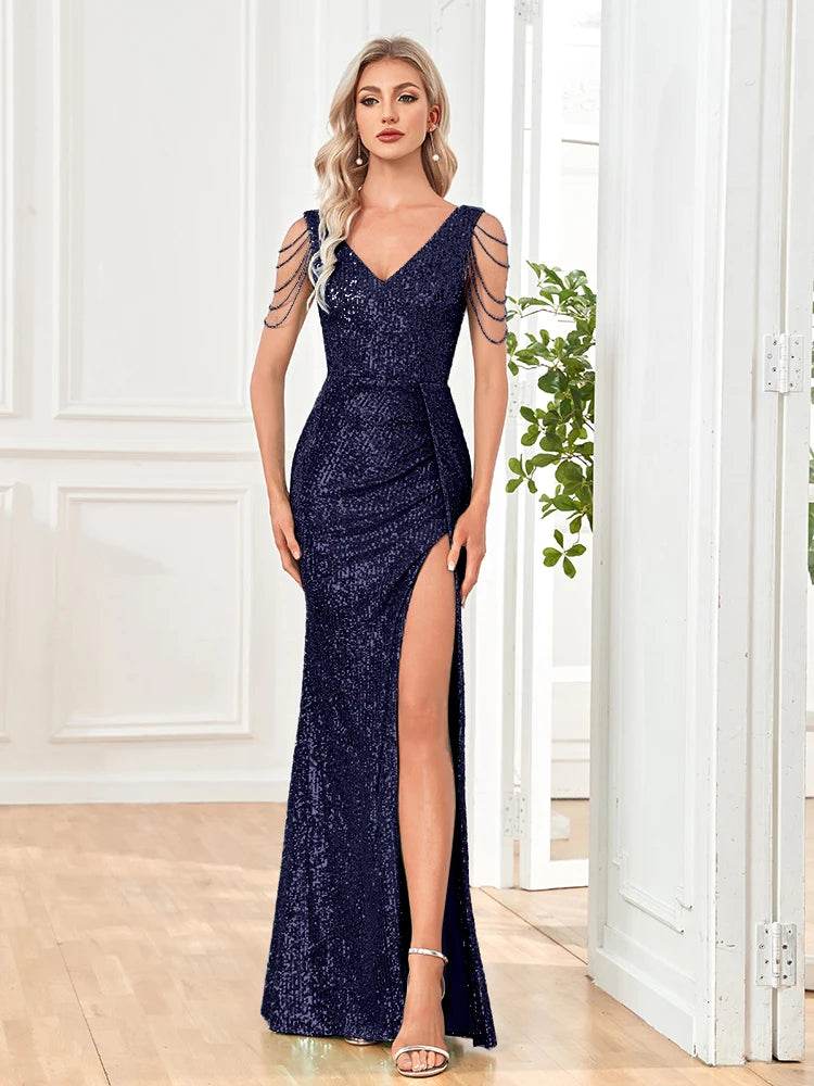 Buy Center Elegant V-Neck Sequin Evening Dress - Luxury Formal Gown - Buy Center UK