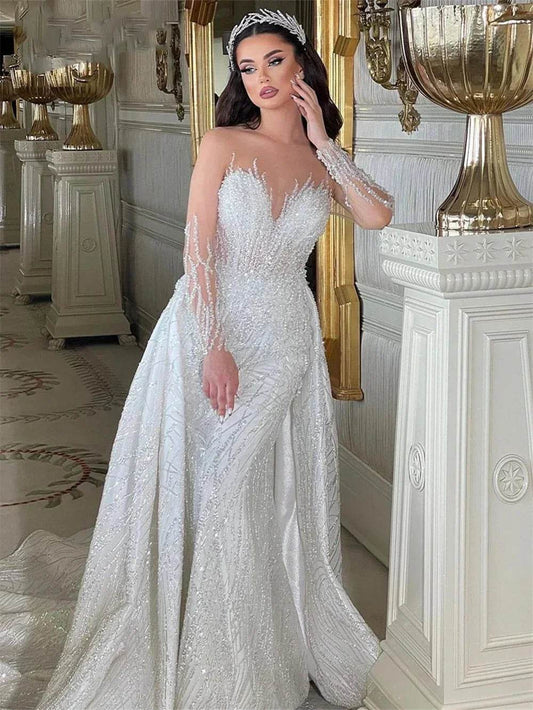 Beading Bride Dresses 2 in 1 - Customizable Wedding Gown with Detachable Train - Buy Center UK