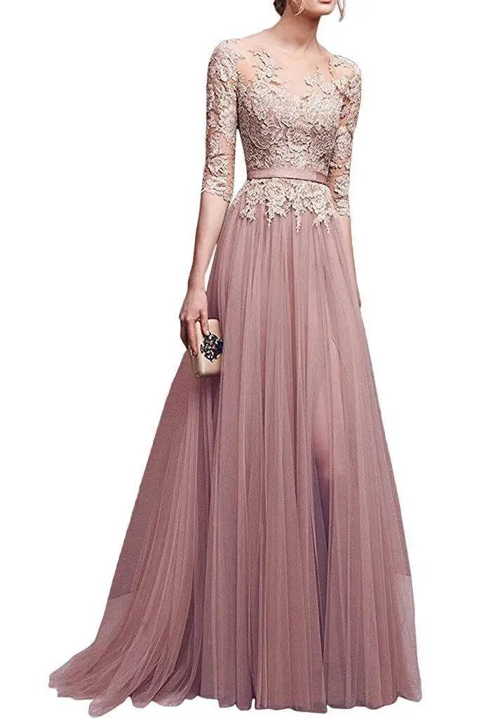 Elegant Scoop Neckline Tulle Dress - Lace Appliqué & High Split - Buy Center UK
