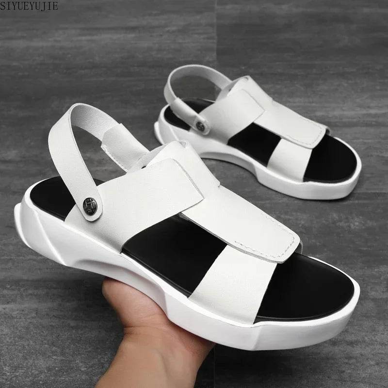 Buy Center Men's White Black Genuine Leather Gladiator Sandals - Casual Style - Buy Center UK