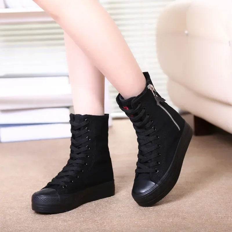 Women's High Top Canvas Sneakers - White Platform Lace Up Shoes - Buy Center UK