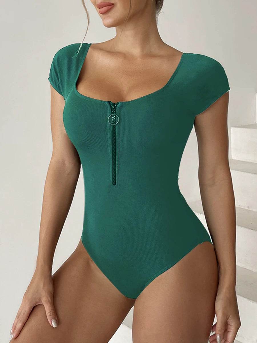 Buy Center Women's Short Sleeve Swimsuit - Zipper One Piece Bathing Suit - Buy Center UK