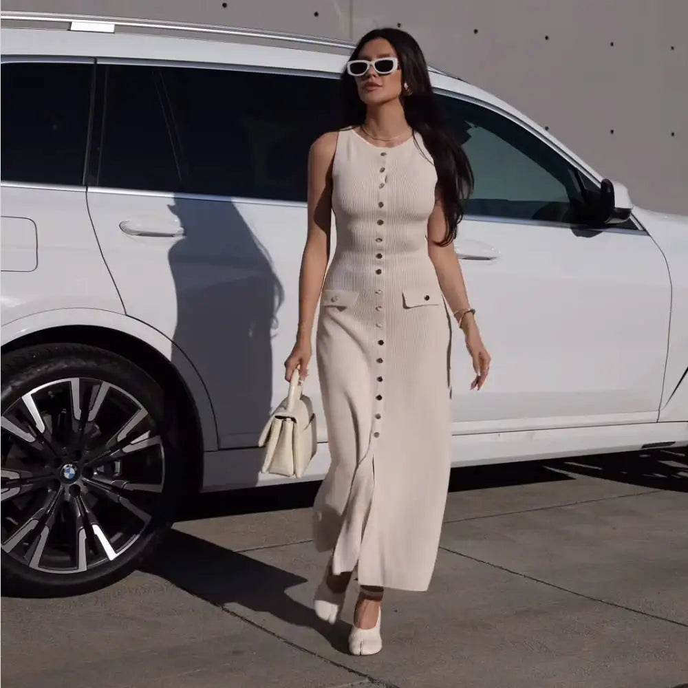 Buy Center Elegant Knitted Long Dress - Sleeveless Bodycon Style - Buy Center UK