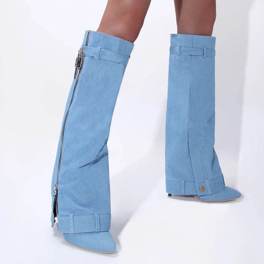 Buy Center Blue Denim Knee High Cowboy Boots - Pointed Toe & High Heel - Buy Center UK