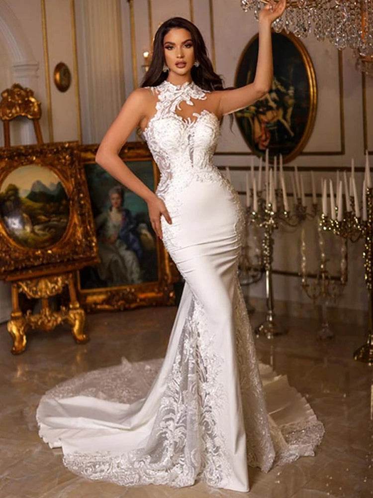 Elegant Halter Neck Mermaid Wedding Dress - Lace Appliques & Backless - Buy Center UK