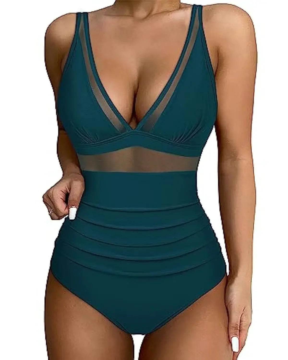 Buy Center Solid One-Piece Swimsuit - Deep V-Neck, Removable Bra - Buy Center UK