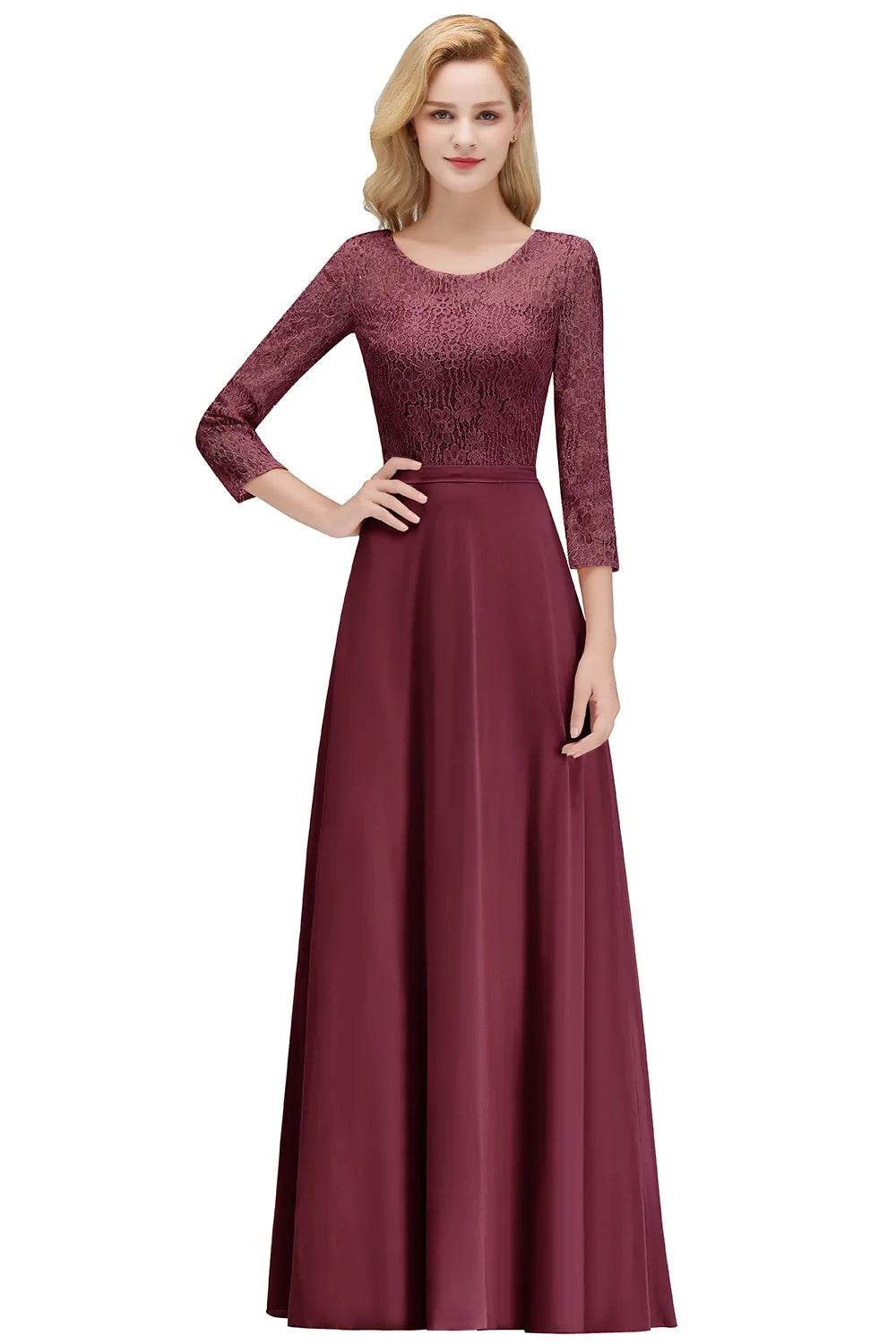 Buy Center Lace Chiffon Long Bridesmaid Dress - A-Line, 3/4 Sleeve - Buy Center UK