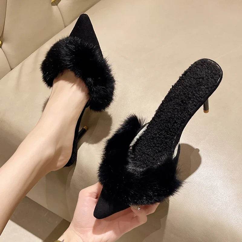 Buy Center Faux Fur Mules Slippers - Pointed Toe, Thin Heels - Buy Center UK