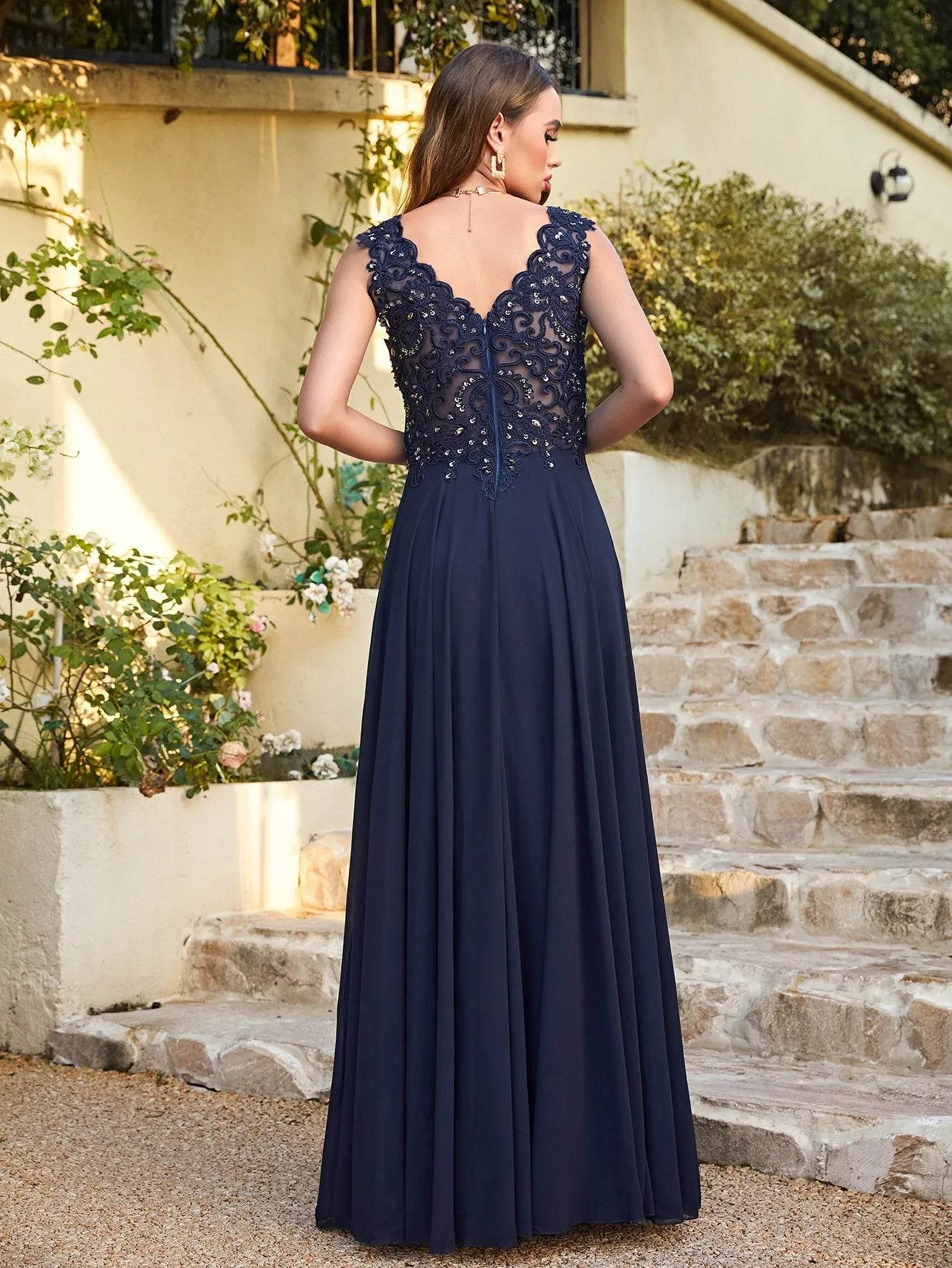 Elegant Navy Blue Chiffon Beaded Evening Dress - V-Neck Sleeveless Gown - Buy Center UK