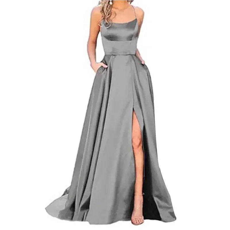 Buy Center Long Backless Satin Dress - Sexy Side Slit Evening Gown - Buy Center UK