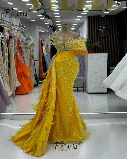 Buy Center Yellow Beaded Mermaid Evening Dress - Crystal Appliques - Buy Center UK