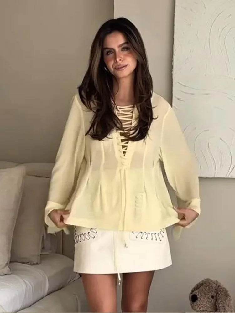 Buy Center Yellow Ruffled Lace-Up Shirt - Lightweight V Neck Blouse - Buy Center UK