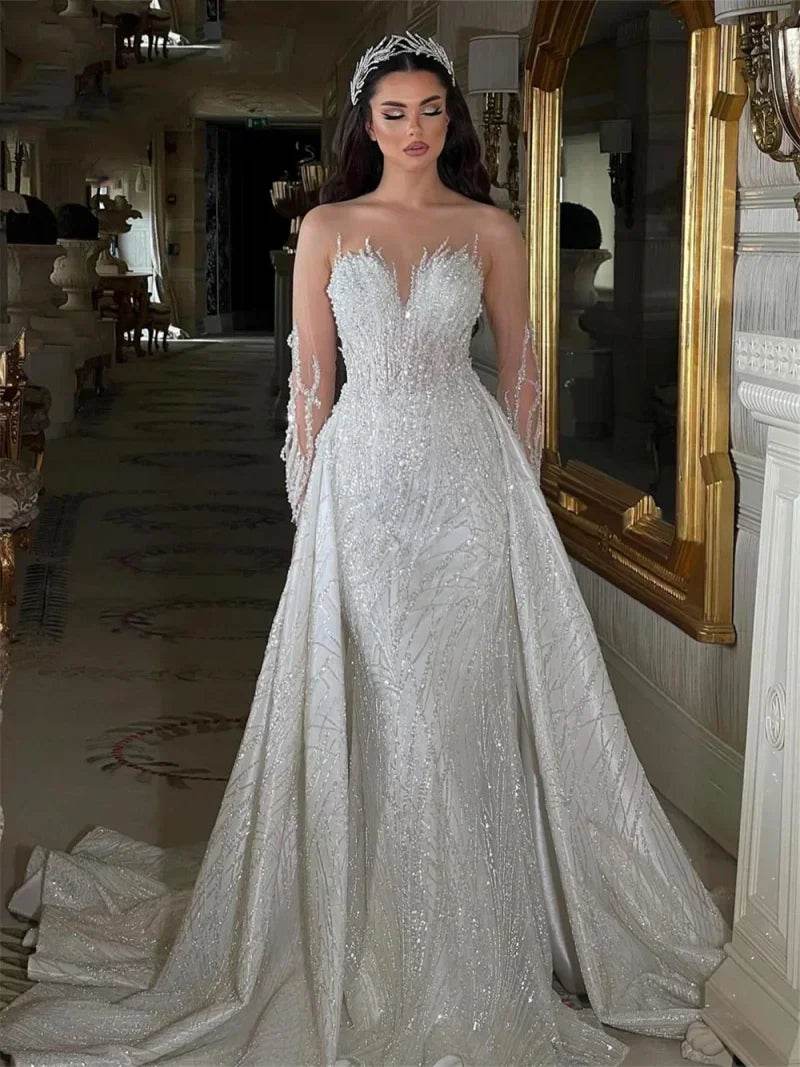 Beading Bride Dresses 2 in 1 - Customizable Wedding Gown with Detachable Train - Buy Center UK