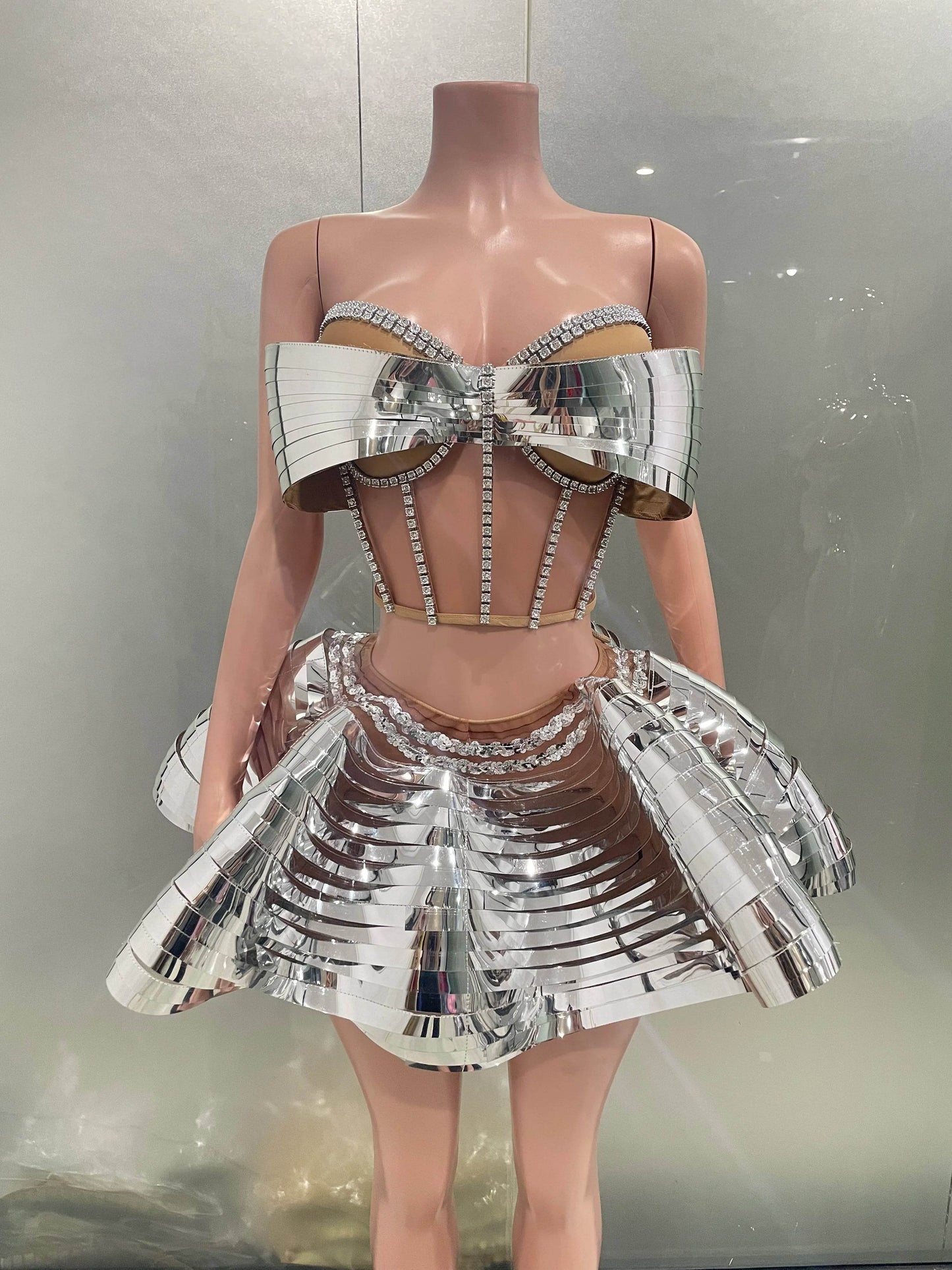 STOCK Silver Sequin Dress Set - Drag Queen Stage Performance Outfit - Buy Center UK