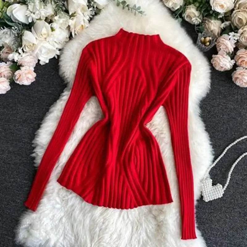 Chic Women’s Knitted Pullover Sweater - Half Turtleneck, Slim Fit - Buy Center UK
